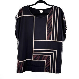 Chico's Colorblock Mesh Top Size L Dolman Sleeves Partial‎ Zebra Print Career